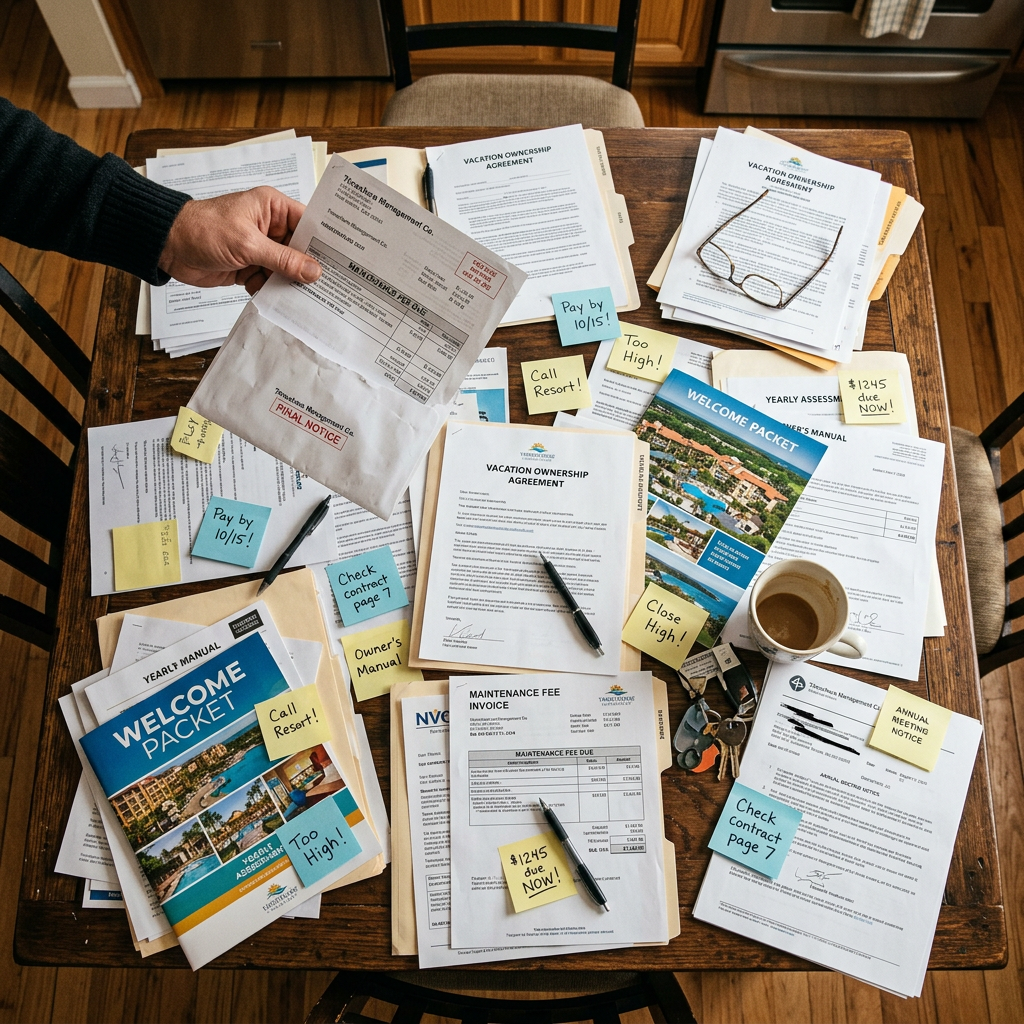Overwhelmed timeshare owner surrounded by paperwork and maintenance fee bills on kitchen table