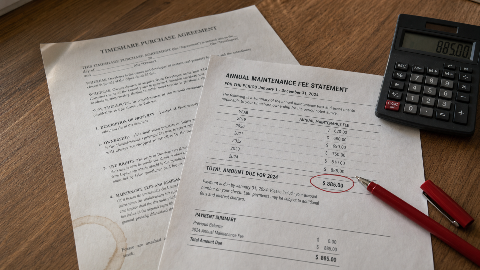 Bluegreen Vacations timeshare contract and maintenance fee statement on a kitchen table