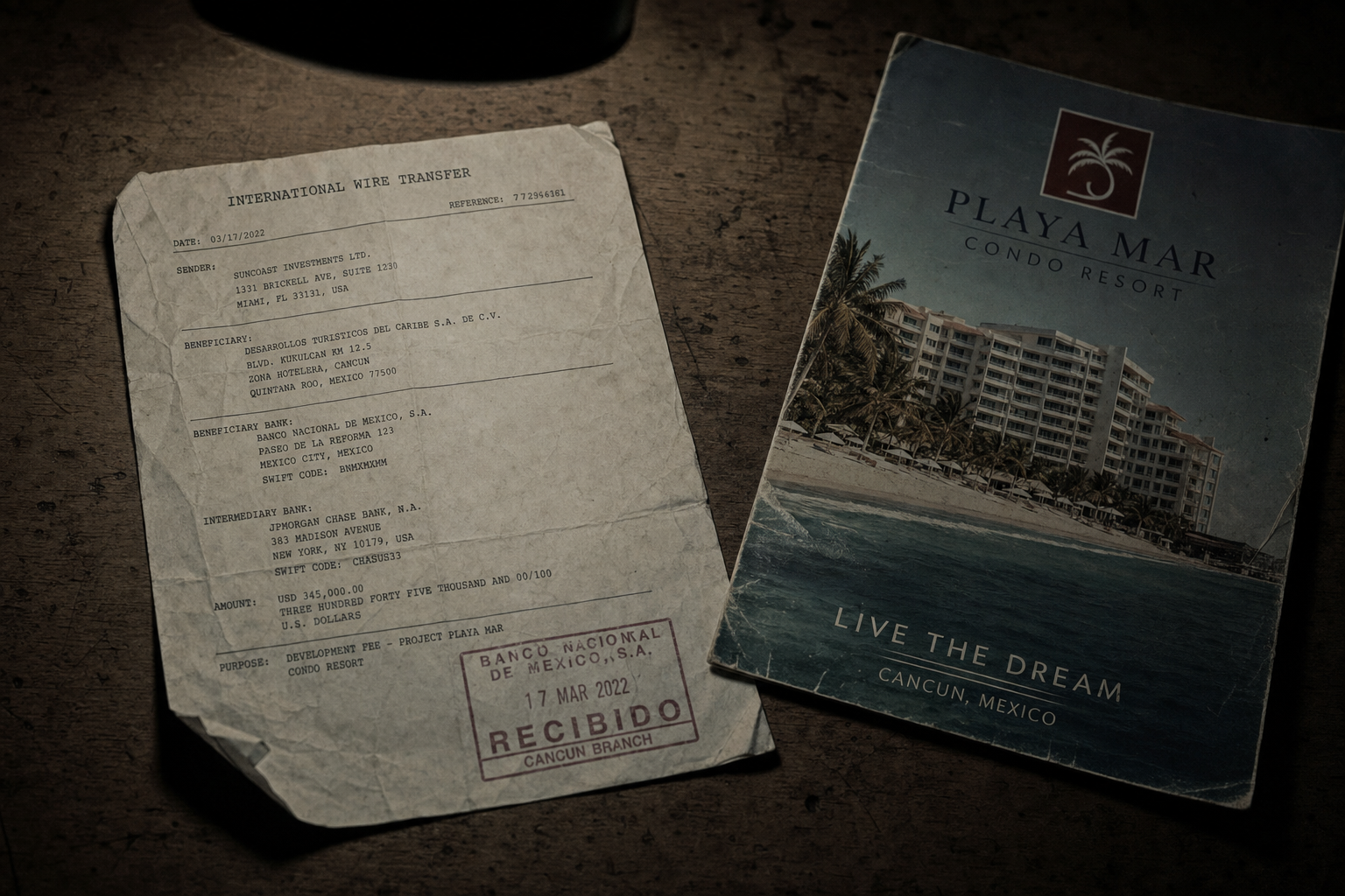 Wire transfer receipt and Mexican timeshare brochure illustrating a cartel-linked timeshare scam