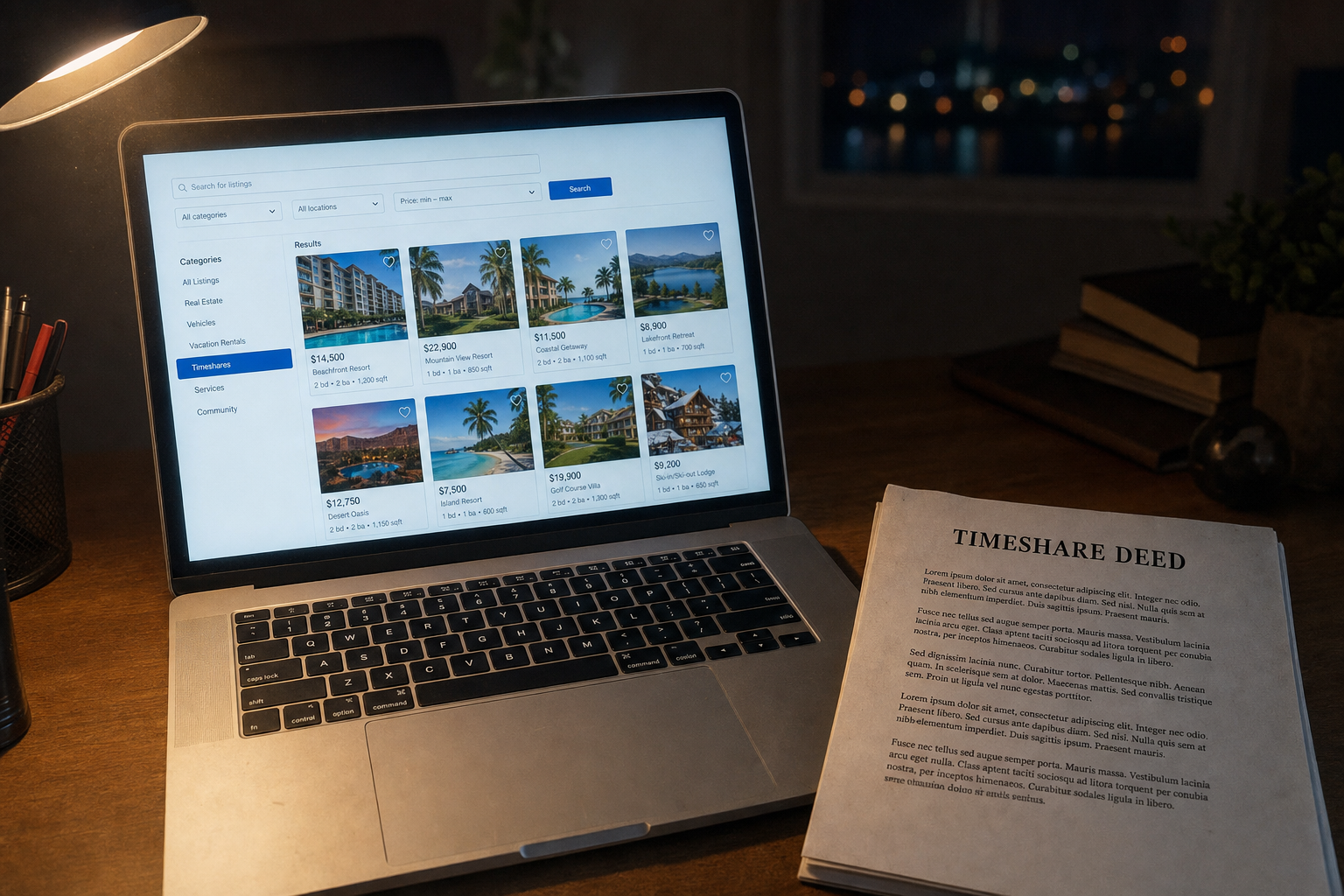 Laptop showing an online marketplace listing next to a timeshare deed, illustrating the challenges