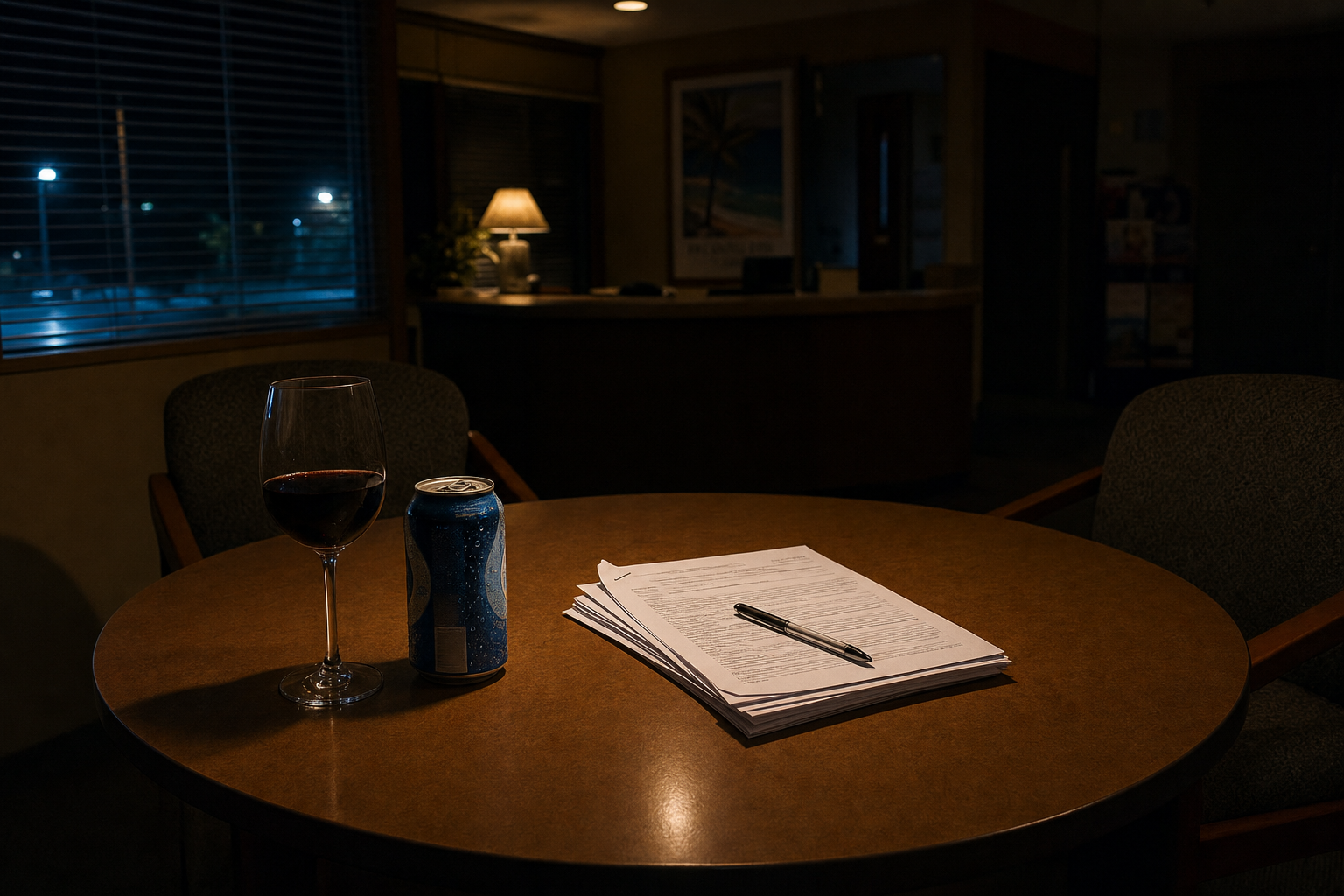 Timeshare presentation table with untouched drinks and paperwork illustrating a high-pressure sales