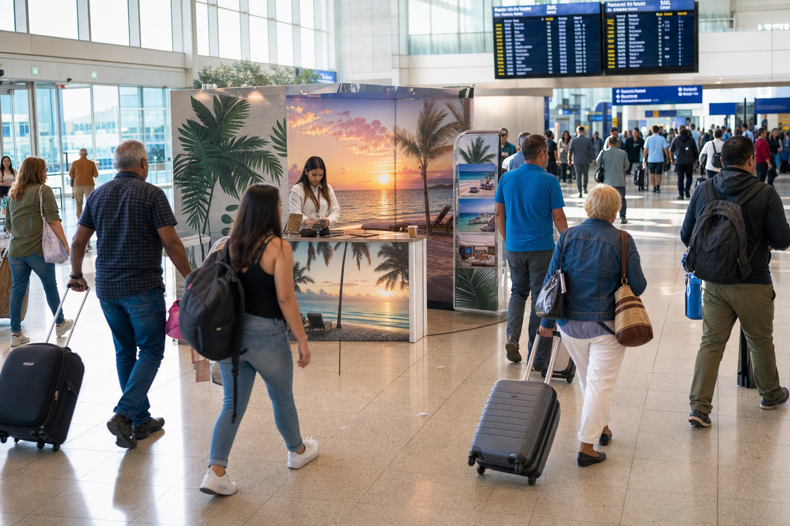 Cancún Airport arrivals area illustrating the 'shark tank' timeshare recruitment zone 