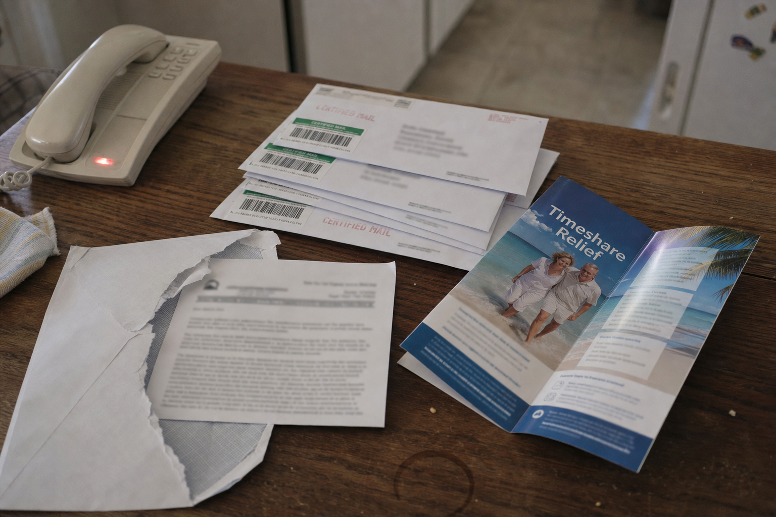 Direct mail solicitations for timeshare exit services, illustrating the tactics used 