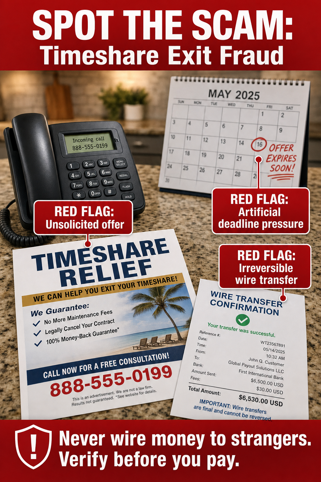 A wire transfer slip and timeshare relief mailer illustrating the documents used in exit scam scheme