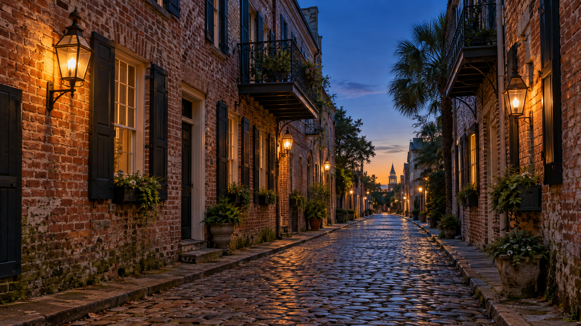 Cobblestone alley in historic downtown Charleston near Lodge Alley Inn, a Bluegreen timeshare resort