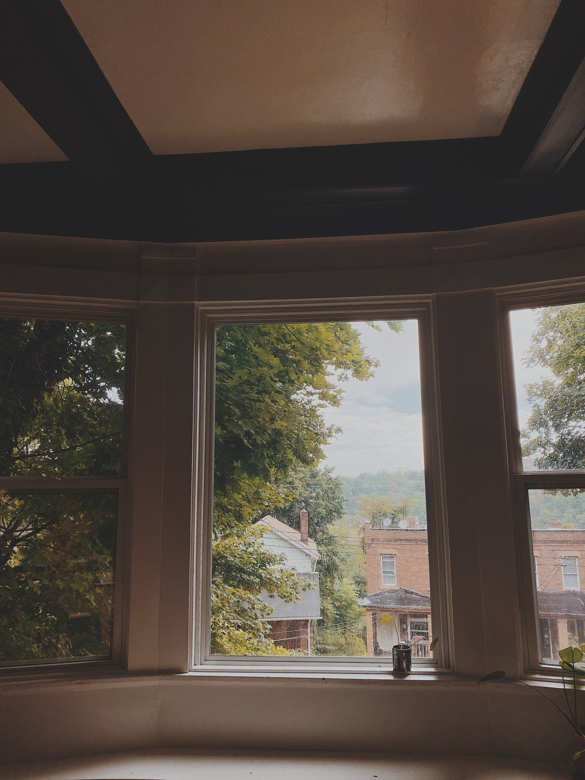 A window with a view of a house and trees in a room.