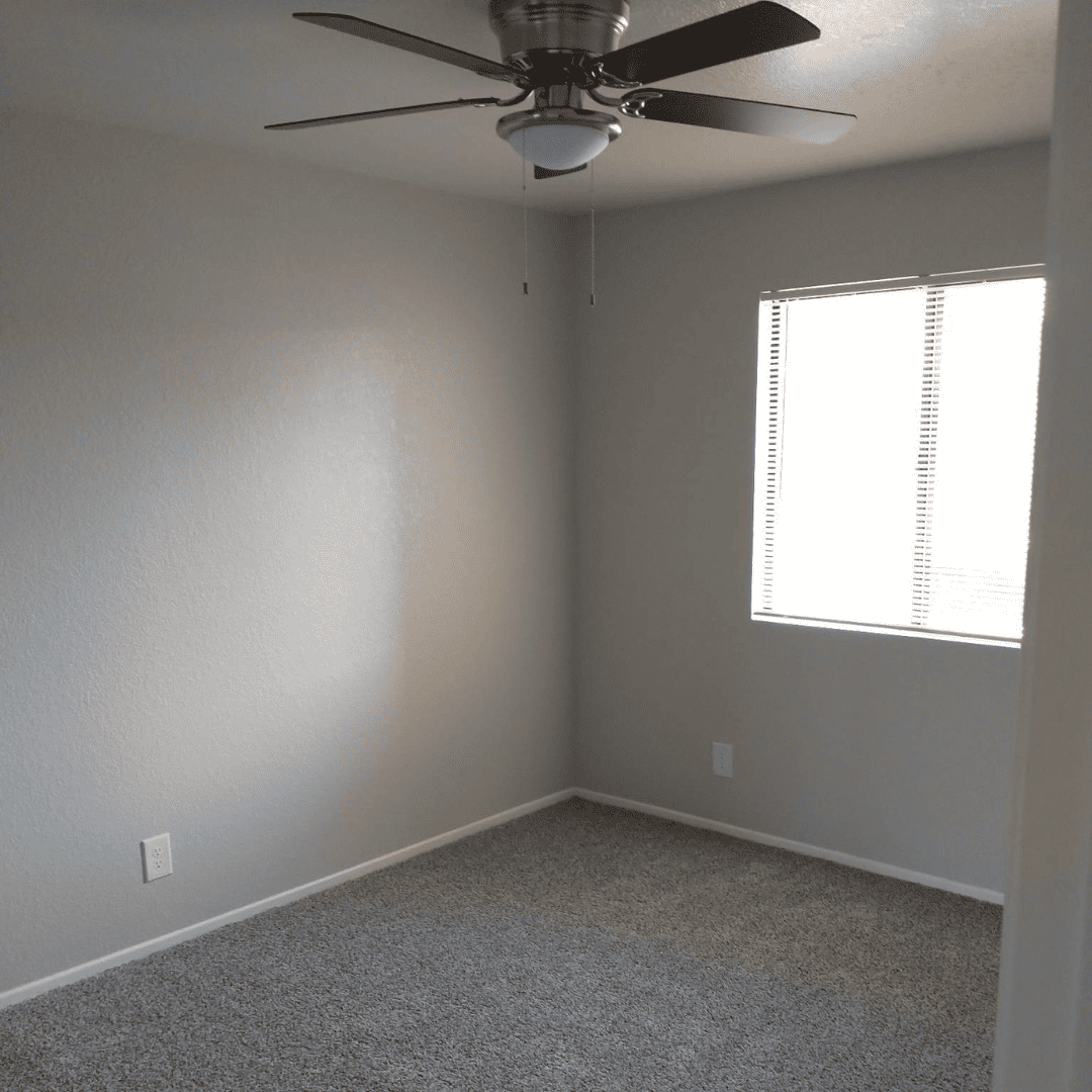 Empty room with grey walls, carpet, and a window with blinds. A ceiling fan is also visible.
