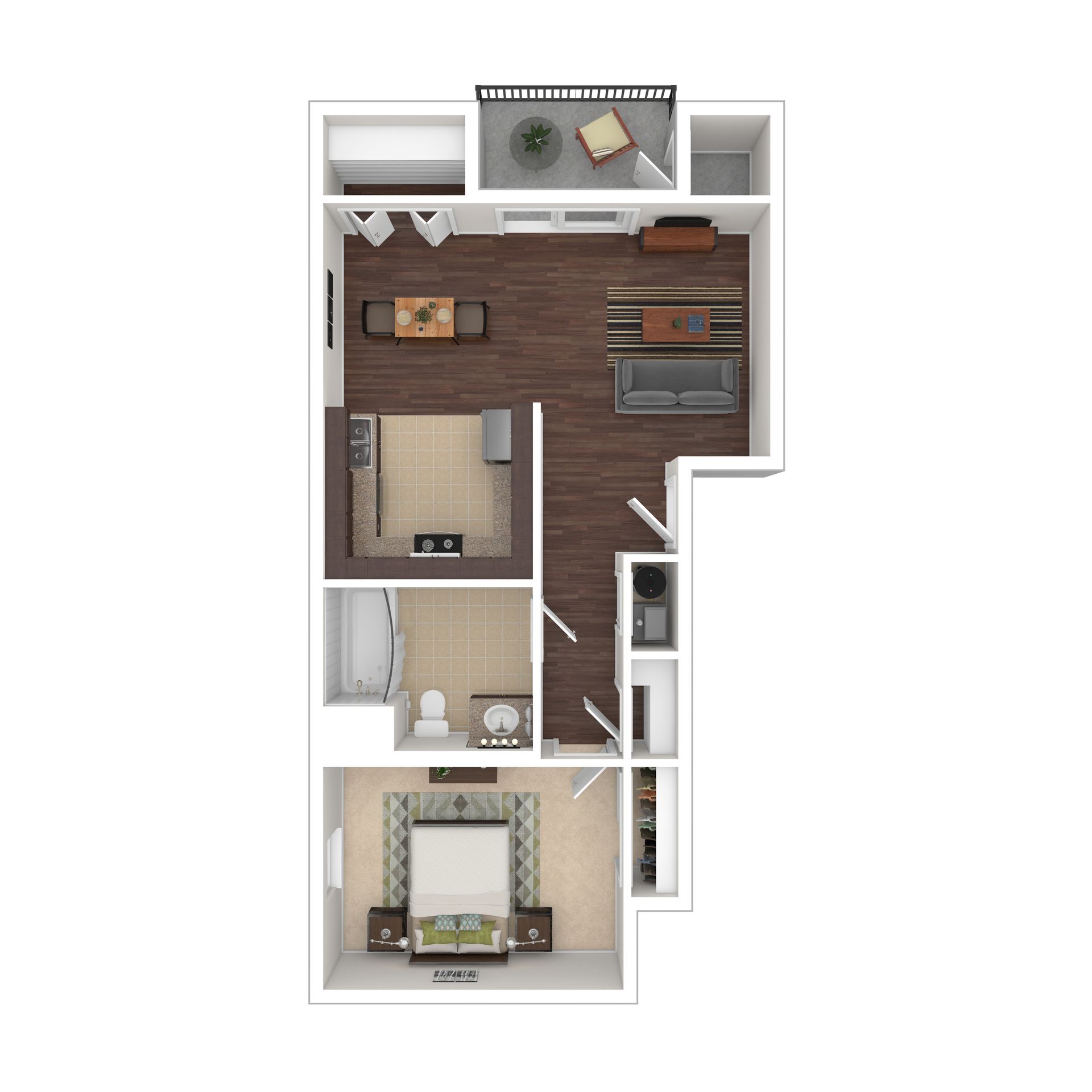 Floor plan of a studio apartment with a living area, kitchen, balcony, and bedroom.
