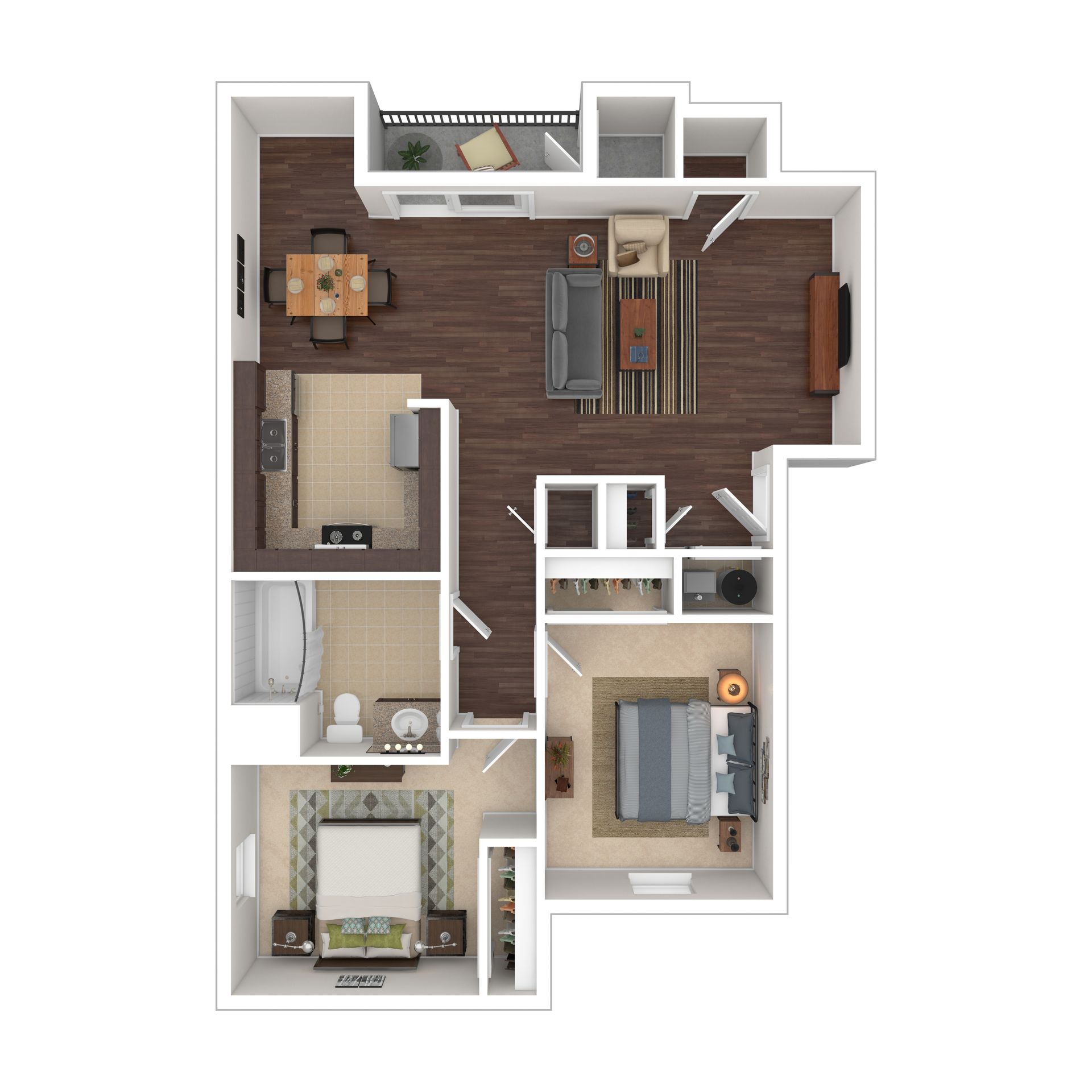 Floor plan of a two-bedroom apartment with a kitchen, living room, and balcony.