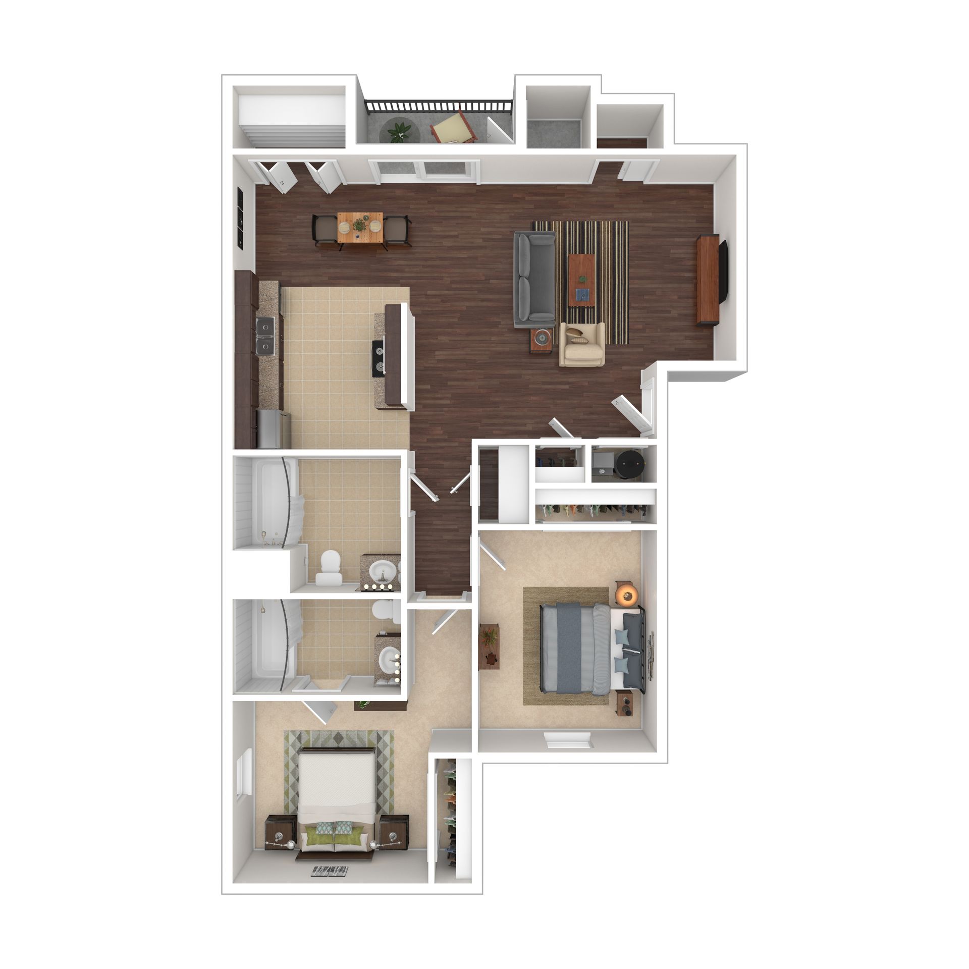 Floor plan of an apartment. Brown floors, two bedrooms, kitchen, living room, balcony.