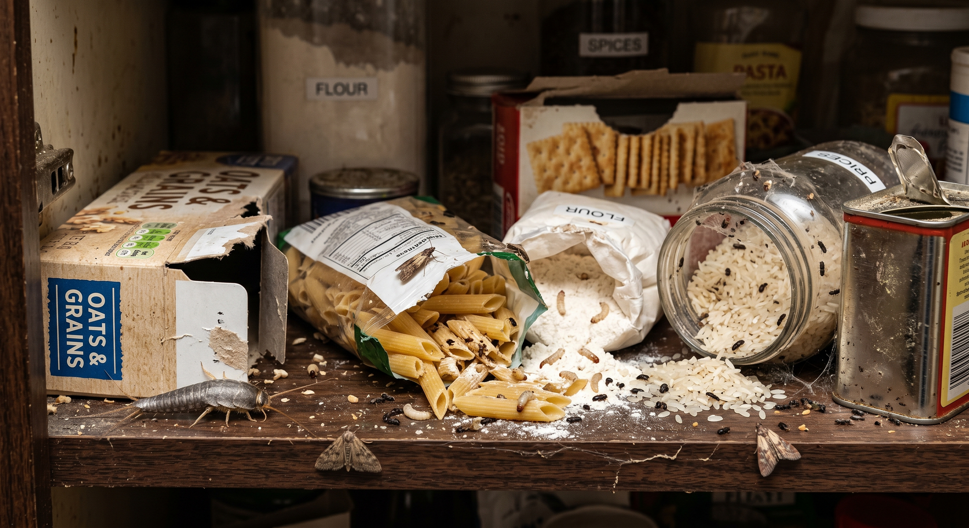 Spilled dry pasta and flour on a pantry shelf, with tipped boxes and scattered crumbs.