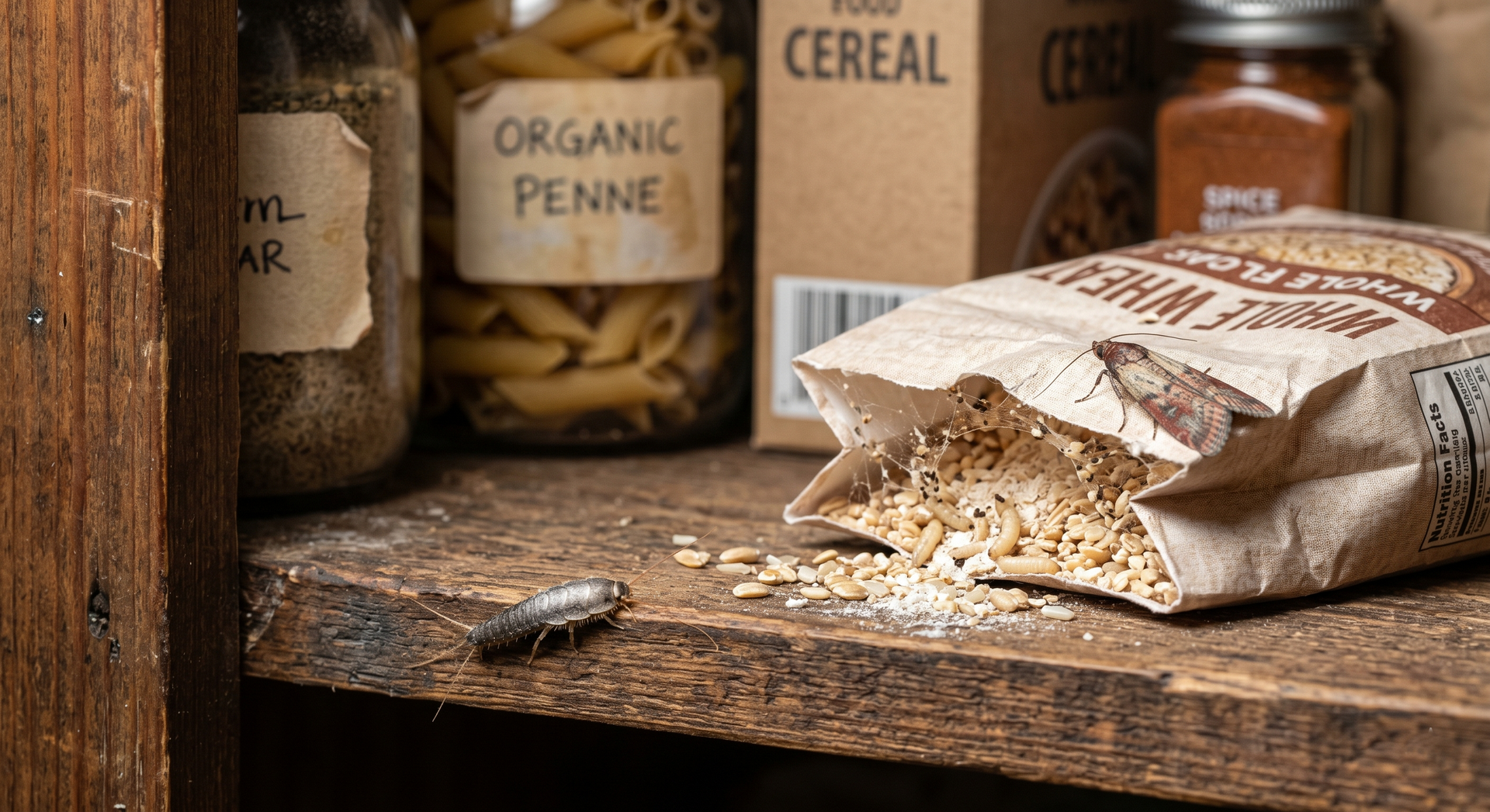 Spilled cereal from a paper bag on a wooden pantry shelf beside jars labeled organic penne and cereal.