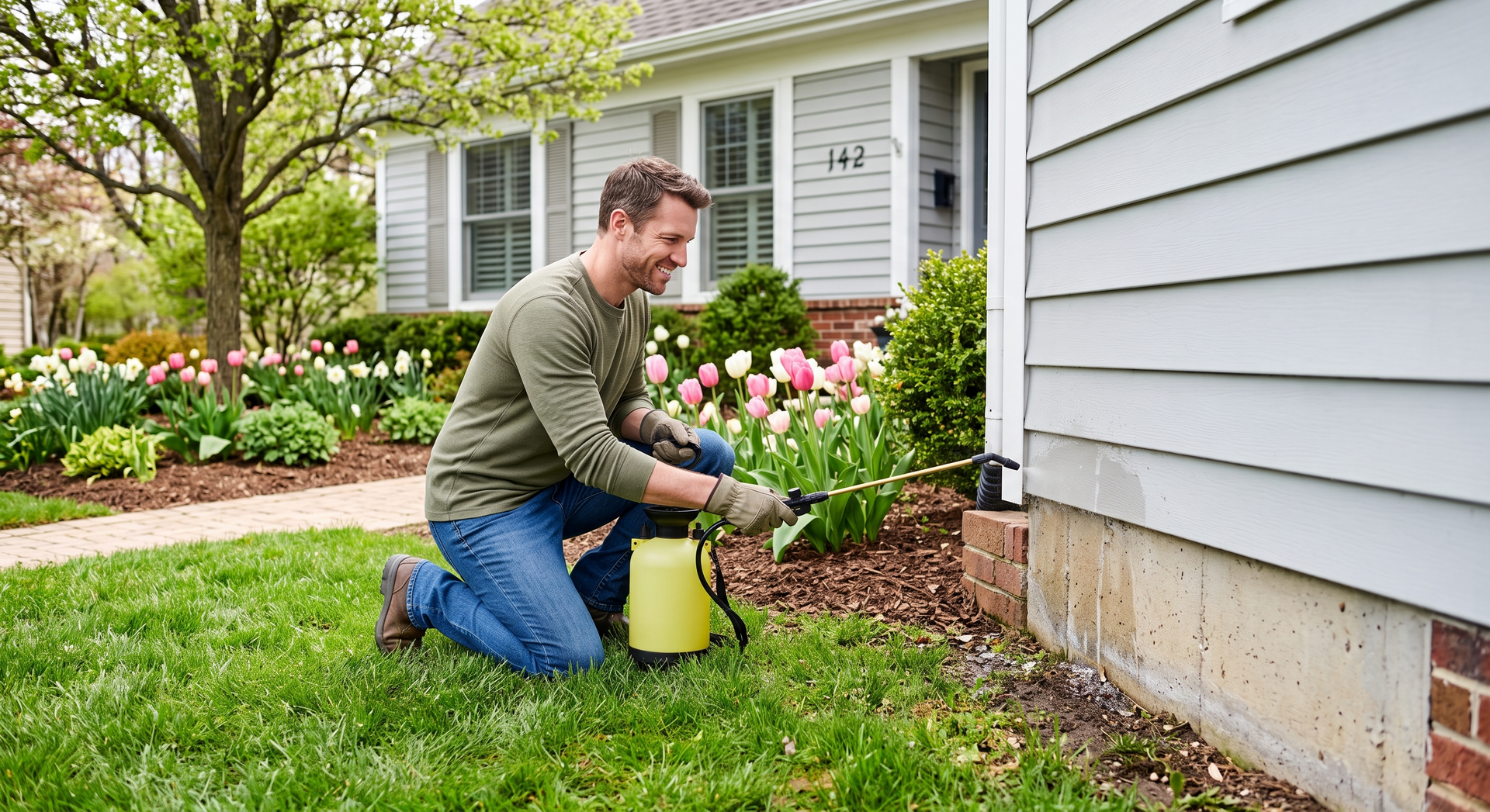 Man kneeling by a house spray-treating the lawn with a yellow garden sprayer