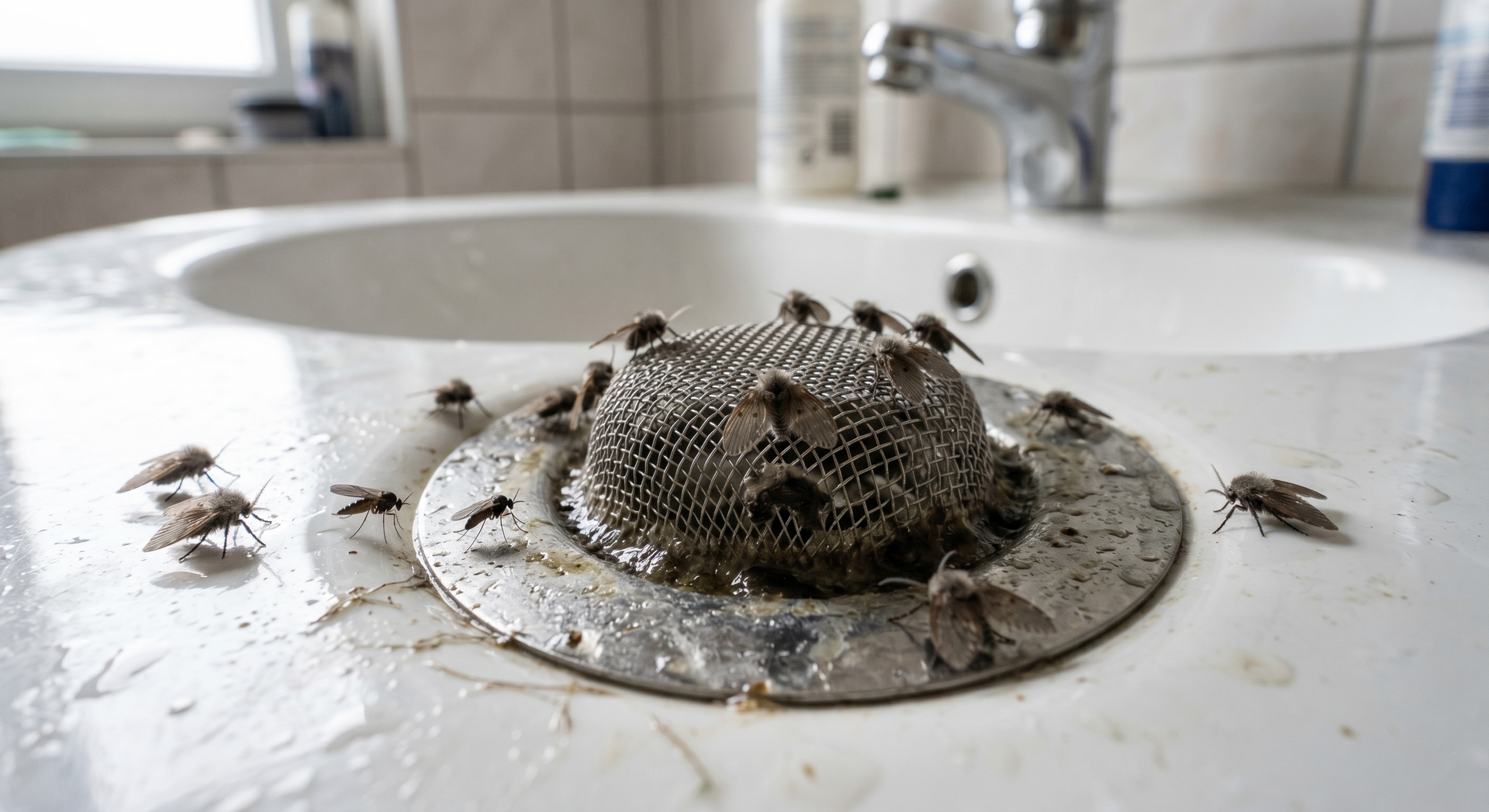 A sink drain covered with a cluster of gnats and dead insects, with more flies on the countertop.