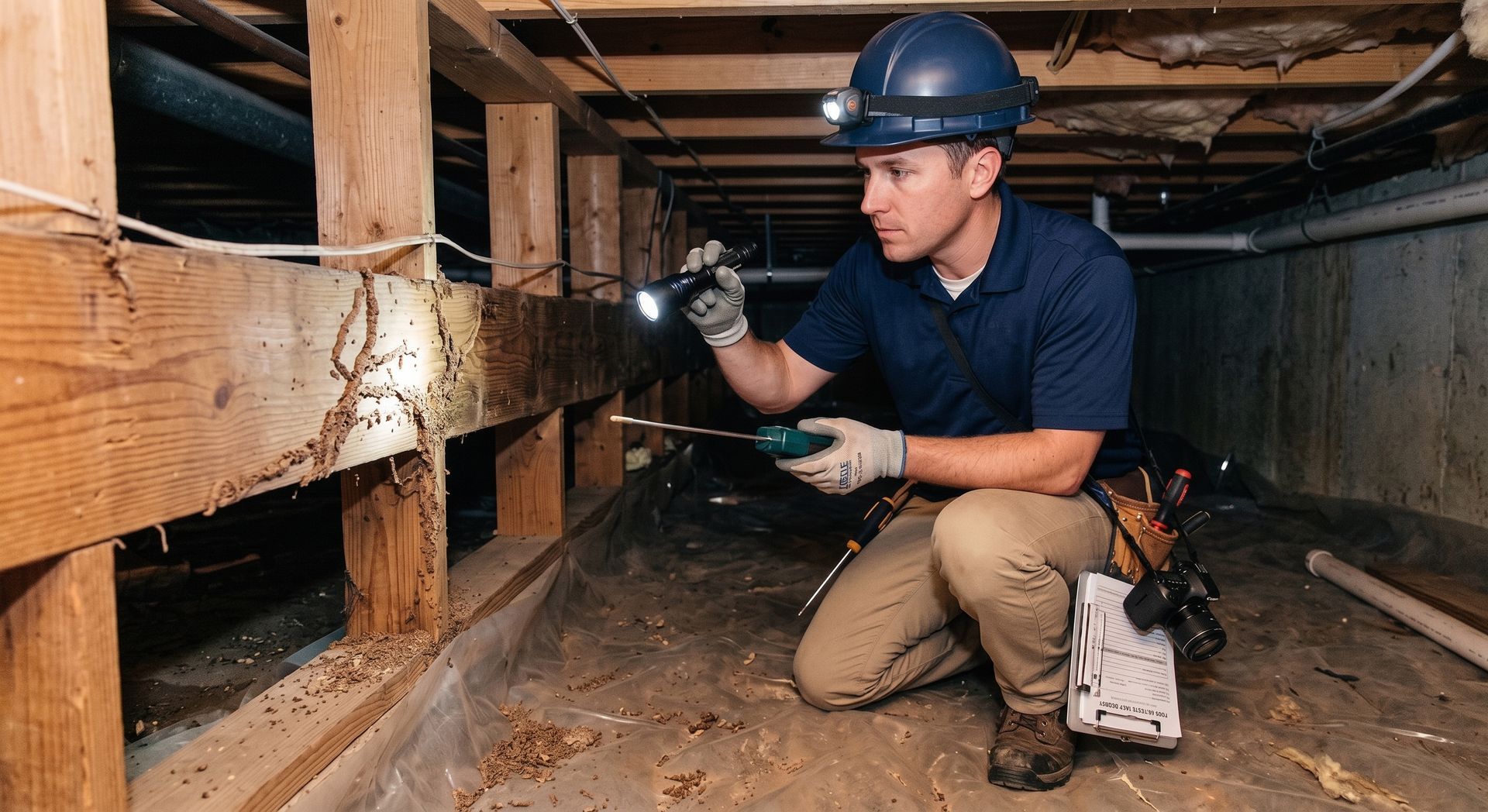 Worker in hard hat inspecting crawl space under a house with a flashlight