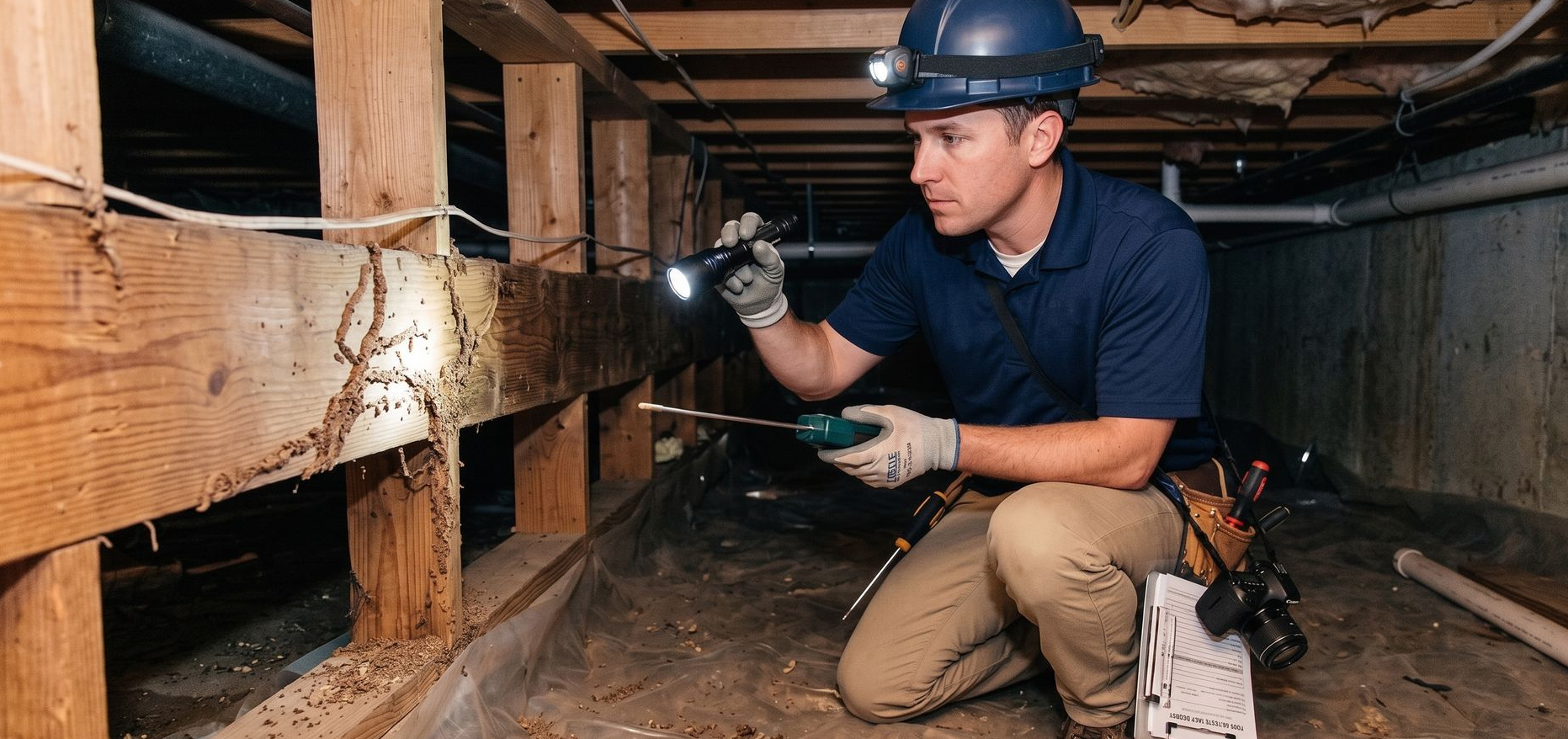 Worker in blue hard hat inspecting wooden beams in a crawlspace with a flashlight.