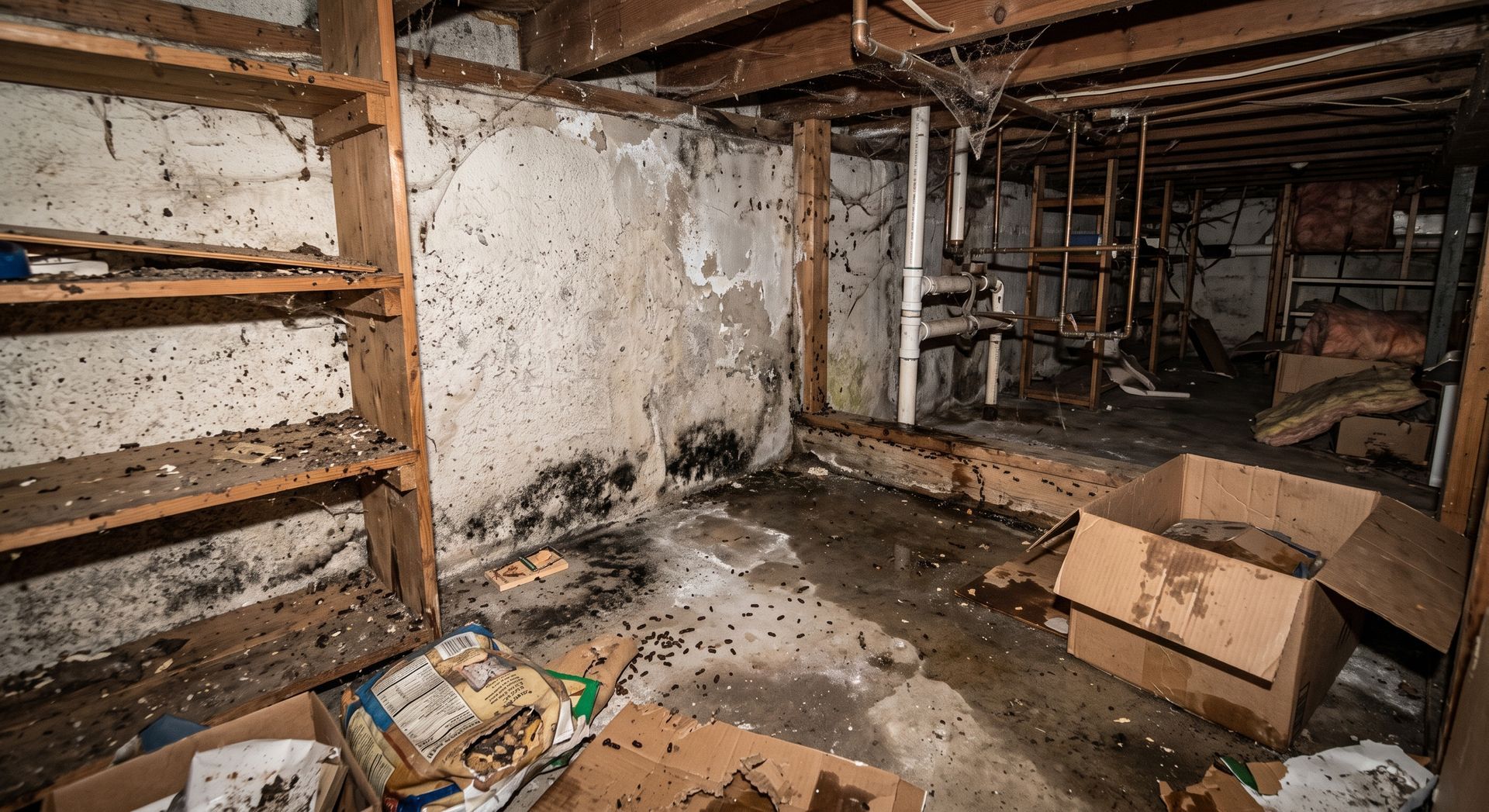 Damp, cluttered basement with peeling white walls, exposed beams, and cardboard boxes on the floor