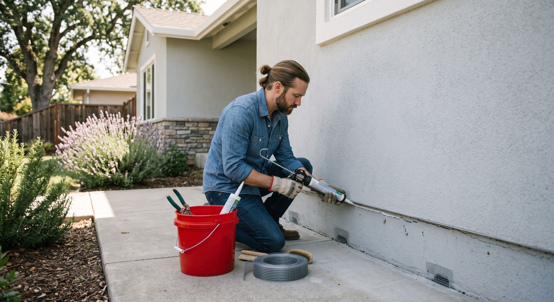 Worker applying sealant to a house foundation with a caulk gun beside a red bucket