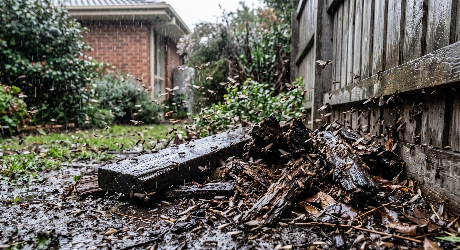 Rain-soaked backyard with fallen branches, muddy ground, and a wooden fence beside a brick house