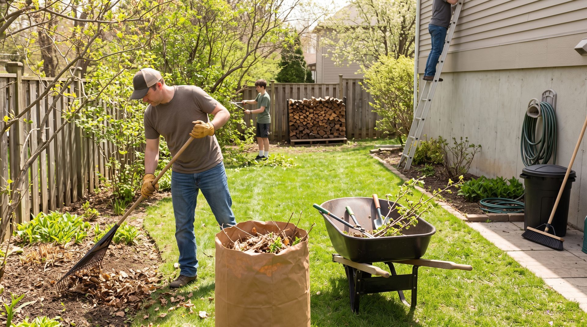 Person rakes leaves in a sunny backyard beside a wheelbarrow and leaf bag.