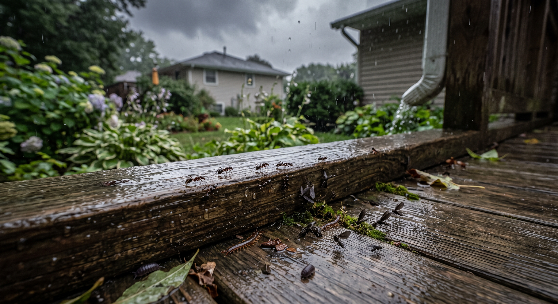 Rain-soaked wooden deck railing with a wet yard and house under dark cloudy sky after a storm