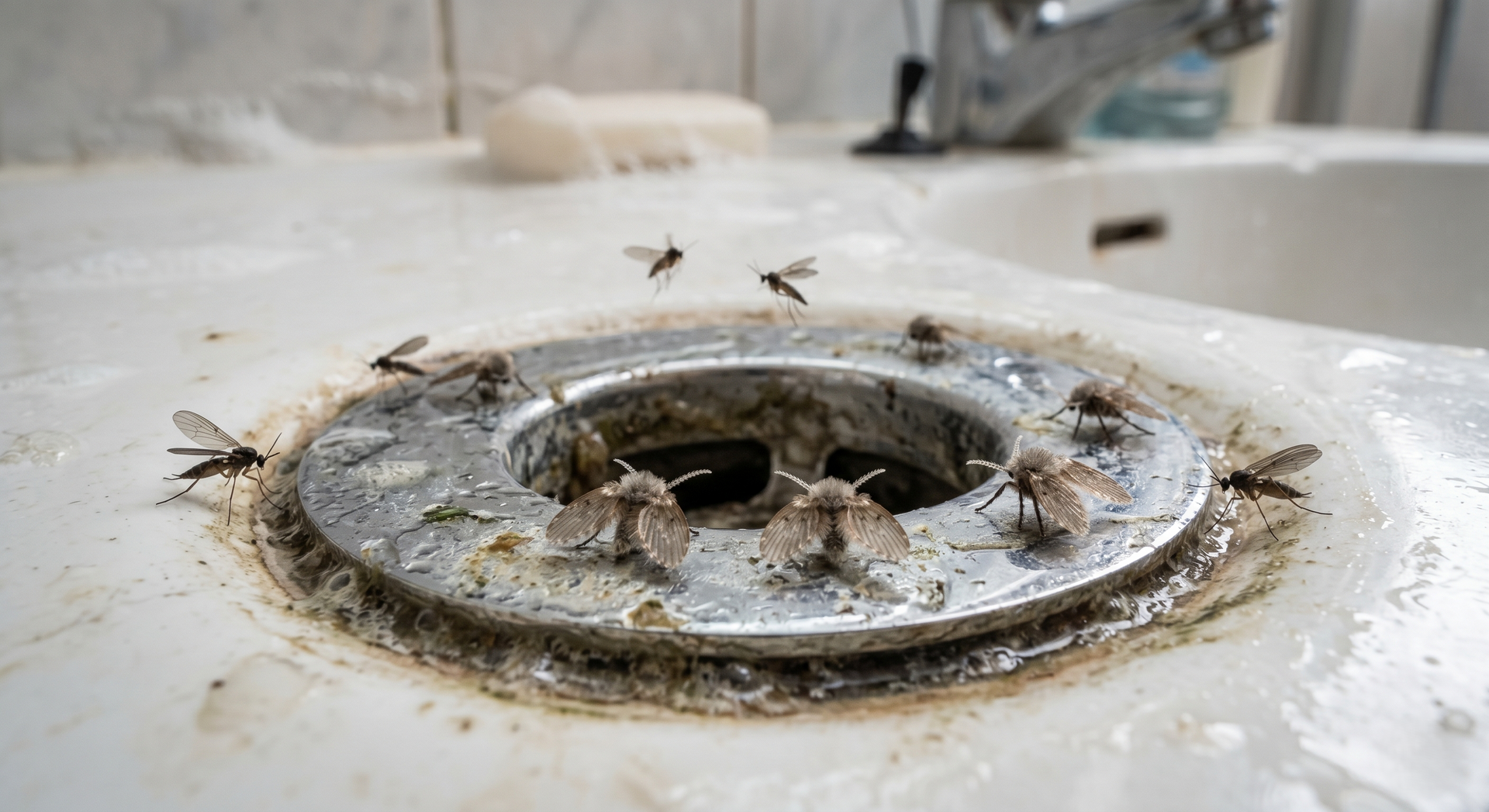 Flies swarming around a dirty metal drain on a white surface