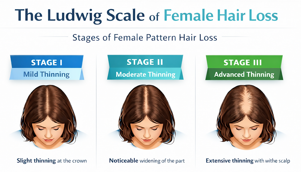 Ludwig Grades I II and III showing progressive female pattern hair loss