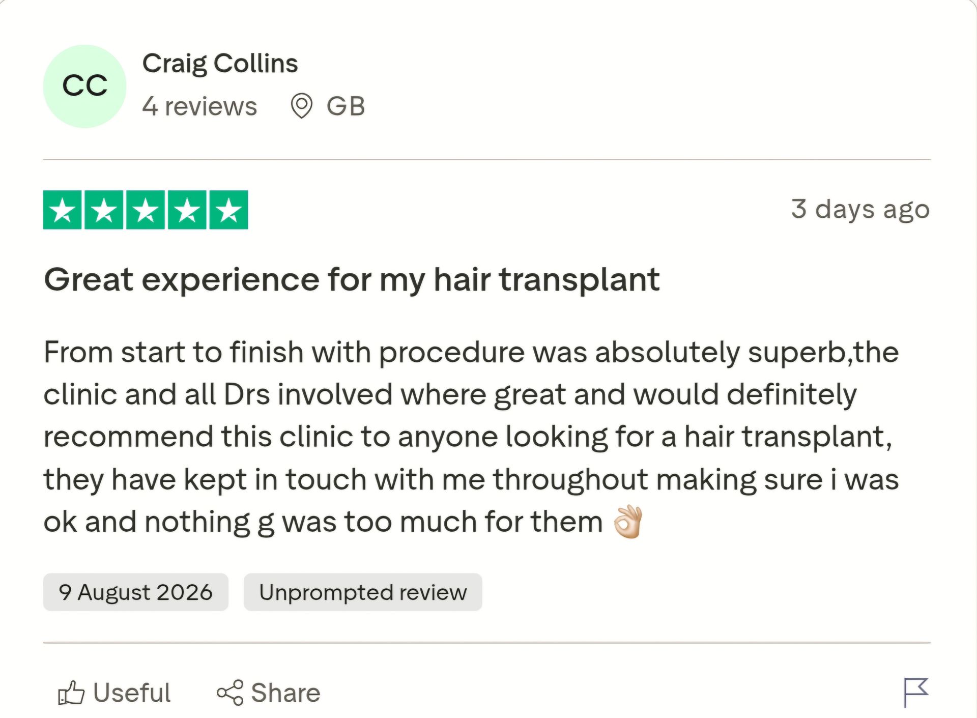Five star hair transplant patient review