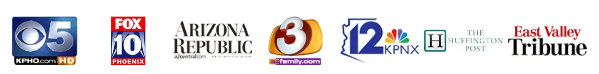 TV station logos including KPHO, FOX 10, Arizona's Family, and 12 News on a white background