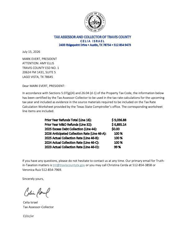 Formal letter from the Travis County Tax Assessor and Collector
