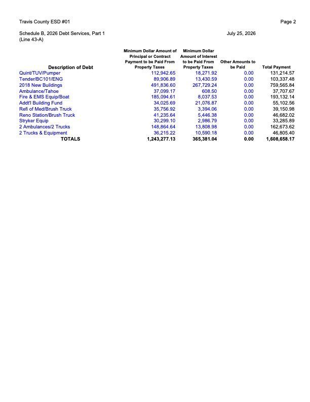 Small financial report page with a blue table of account balances and totals on a white background.