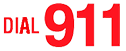 A red dial 911 sign on a white background.