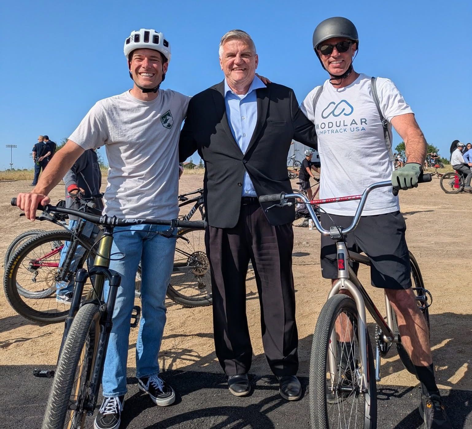 Rocklin Bike Coalition president Chaz Halbert, and Treasurer Brian Belknap with Rocklin Councilmember Bill Halldin at the Grand Opening of the Rocklin Pump Track.