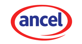 A red and white toschi logo on a white background