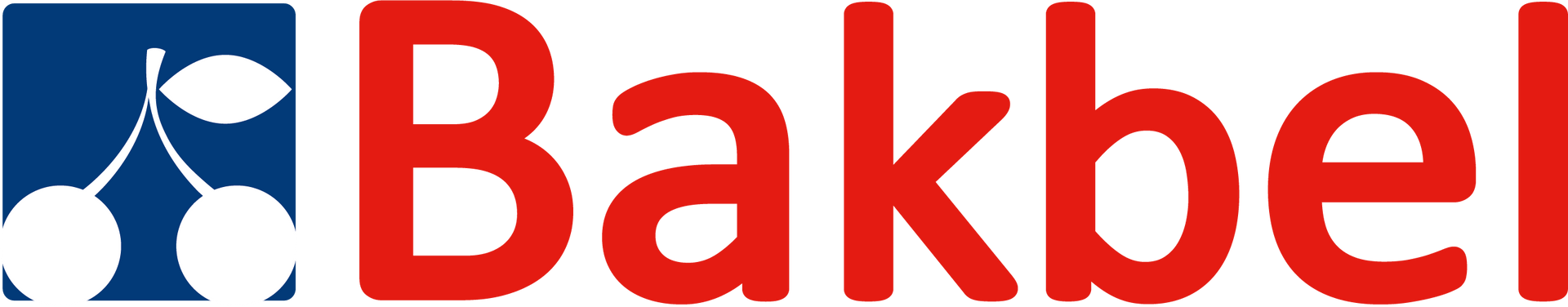 A red and blue bakbel logo on a white background