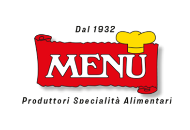 A red sign with the word menu and a chef 's hat on it.