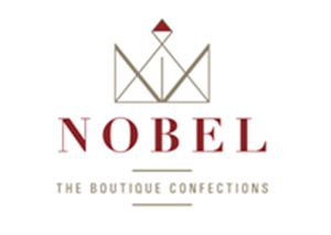 The logo for norman love confections is brown and yellow.