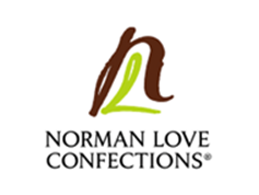 The logo for norman love confections is brown and yellow.