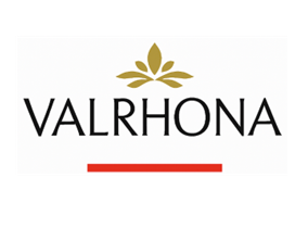 The logo for valrhona is on a black background