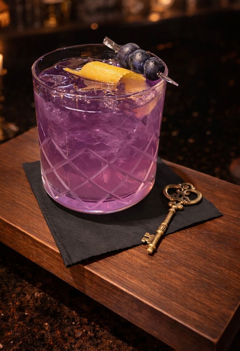 Purple cocktail with blueberries and lemon peel on a wooden bar, beside a key on a napkin