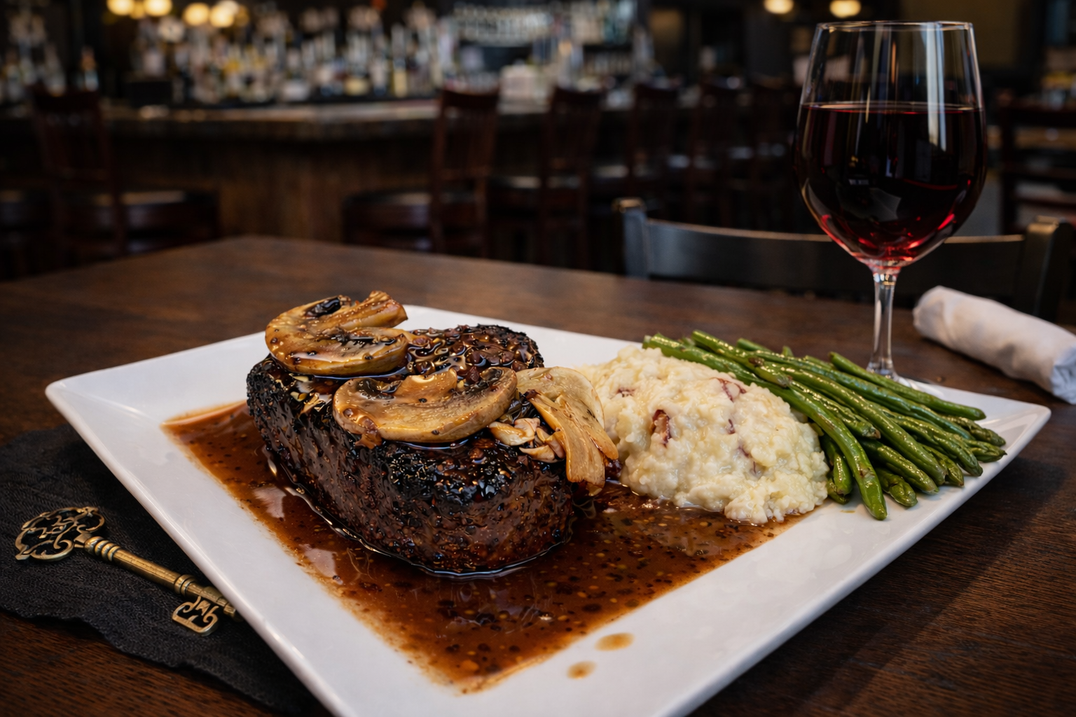 Steak dinner with mushrooms, mashed potatoes, asparagus, and red wine on a white plate in a restaurant