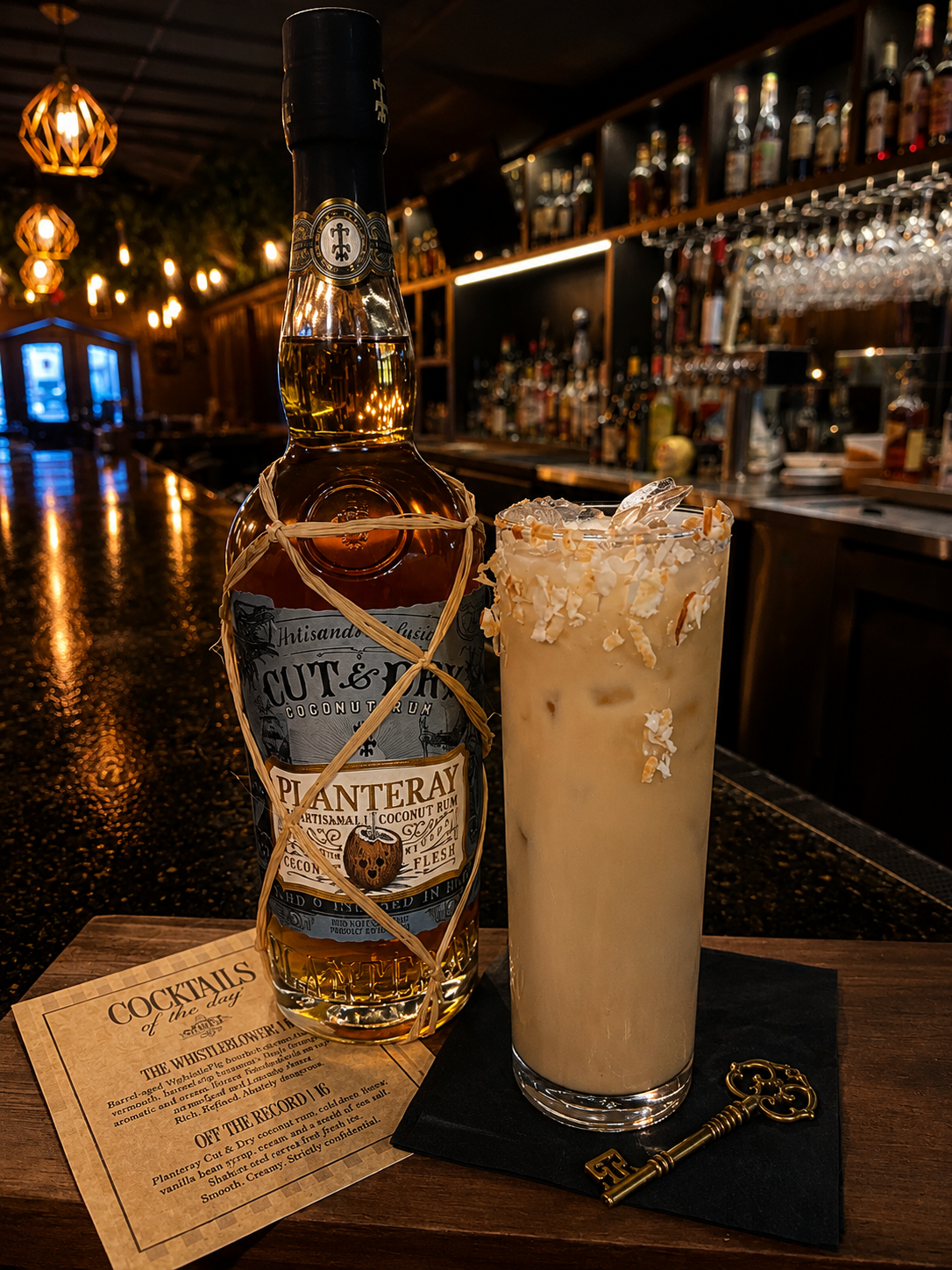 Glass and bottle of a creamy cocktail on a bar counter, with menu cards in the background.