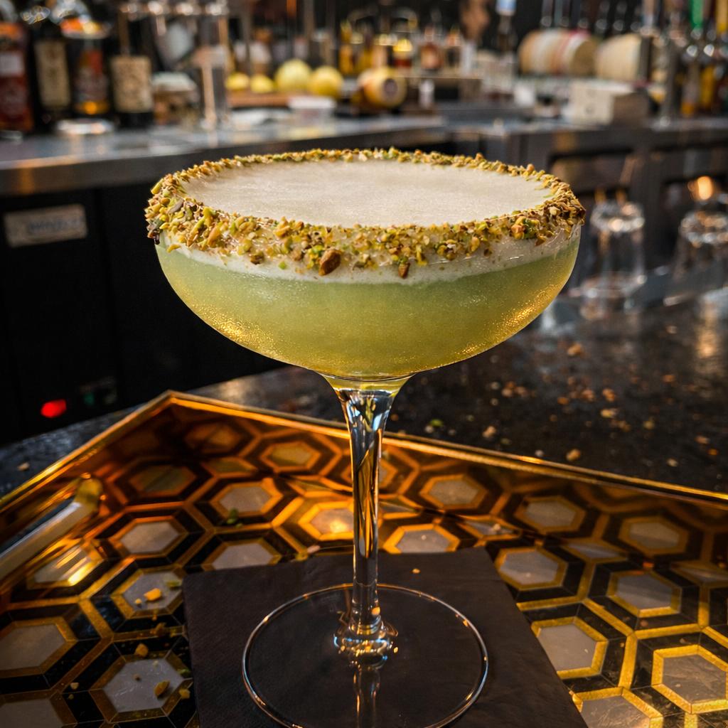 Cocktail with gold-rimmed glass on a bar counter, green drink and patterned tray in the background