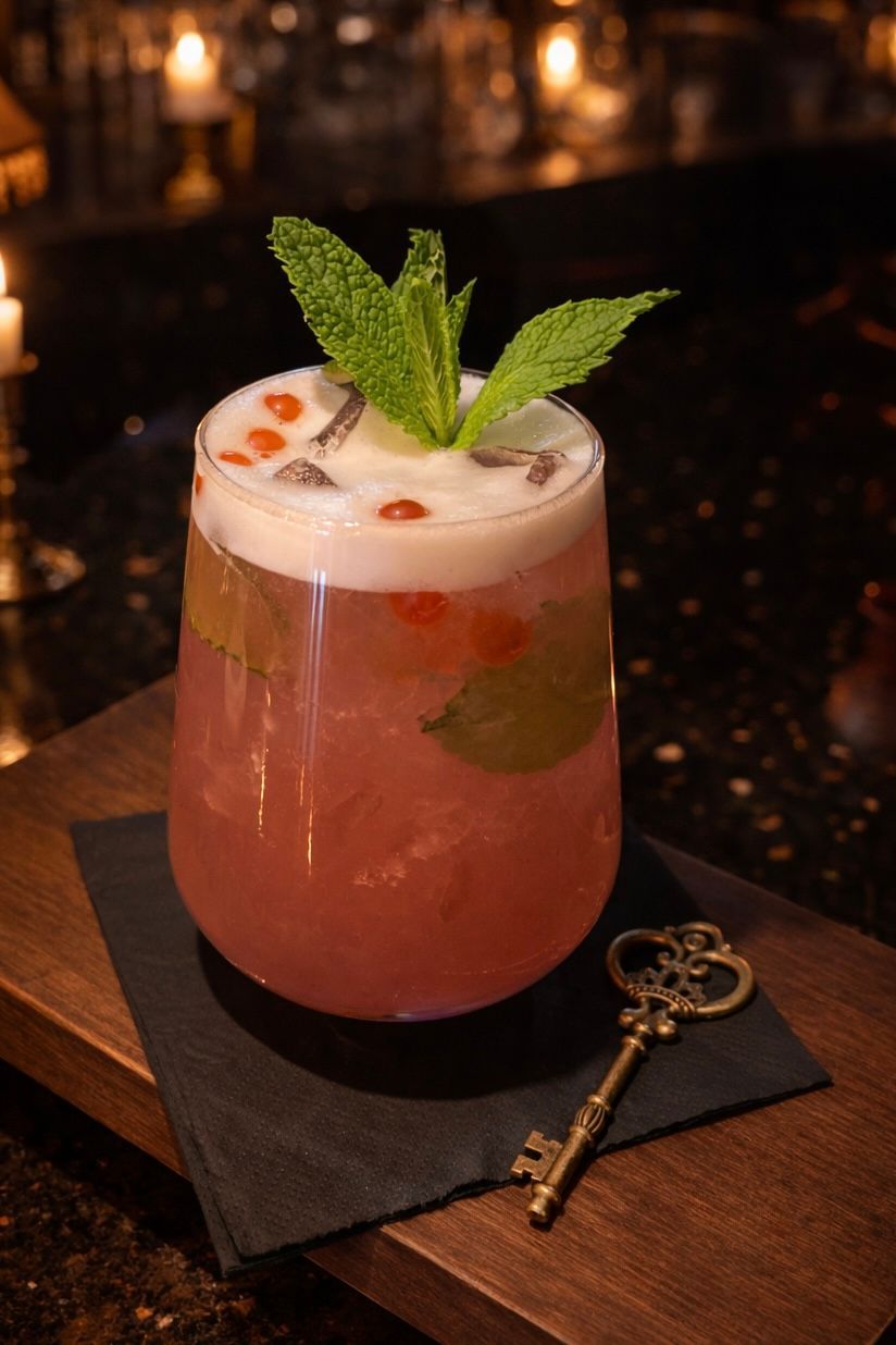 Pink cocktail with mint garnish and ice on a black napkin beside a key-shaped bottle opener