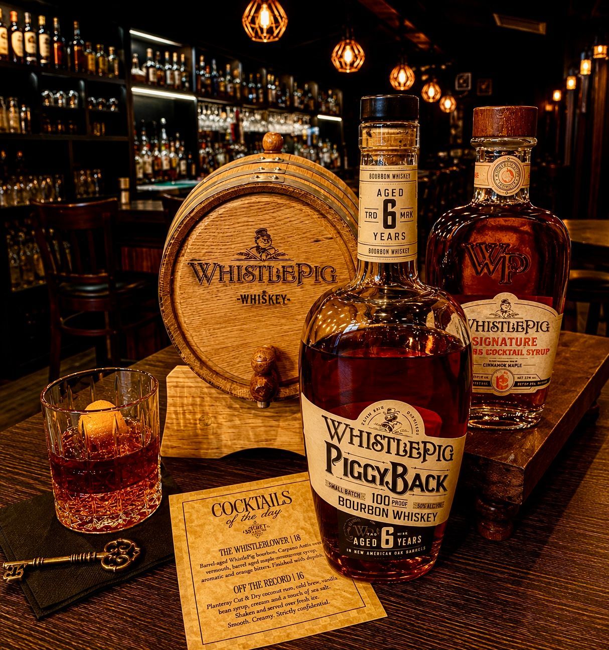 WhistlePig whiskey bottles and a barrel on a dimly lit bar counter with warm hanging lights