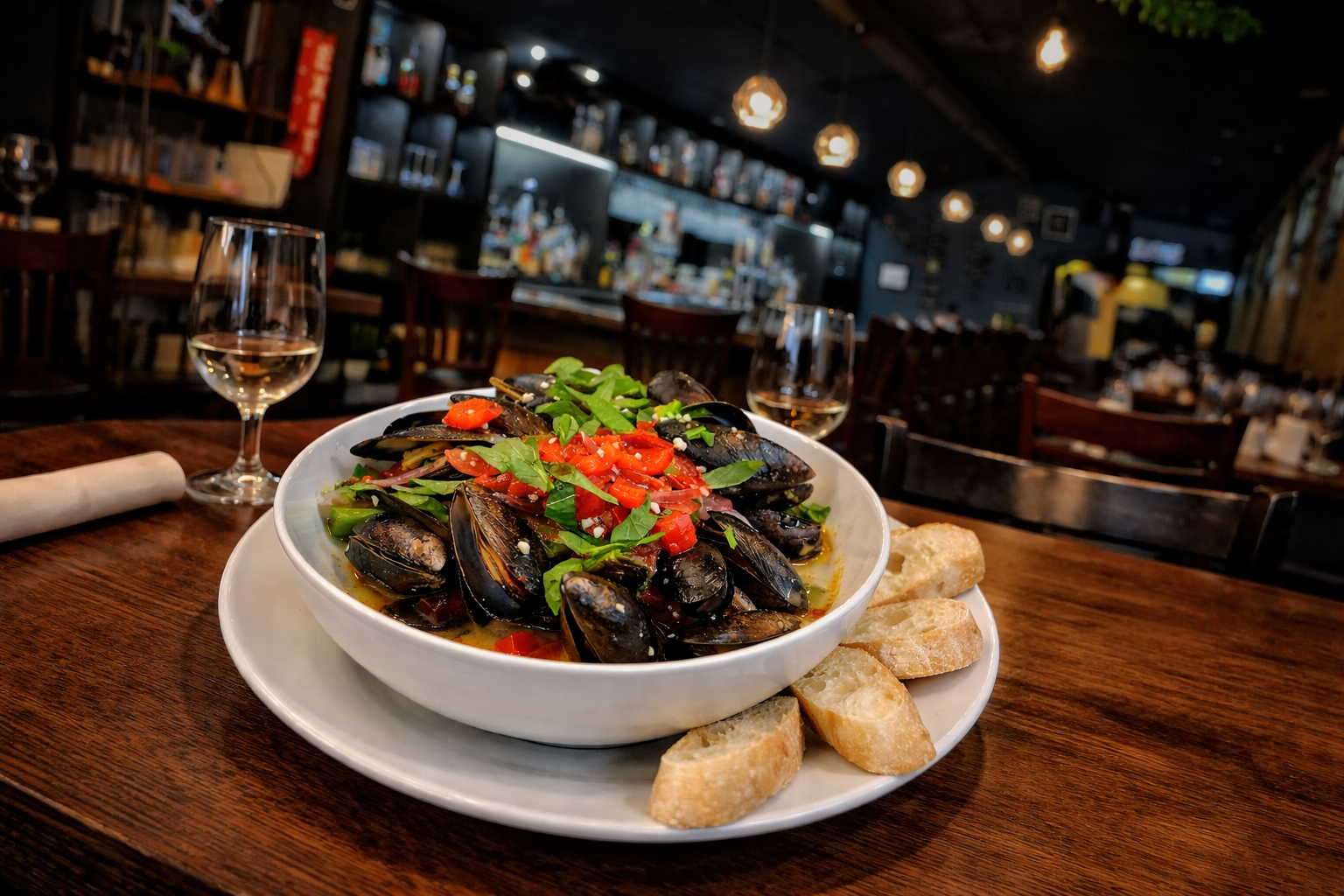 Plated gourmet dish with greens and red peppers on a restaurant table, with bread and wine glass nearby