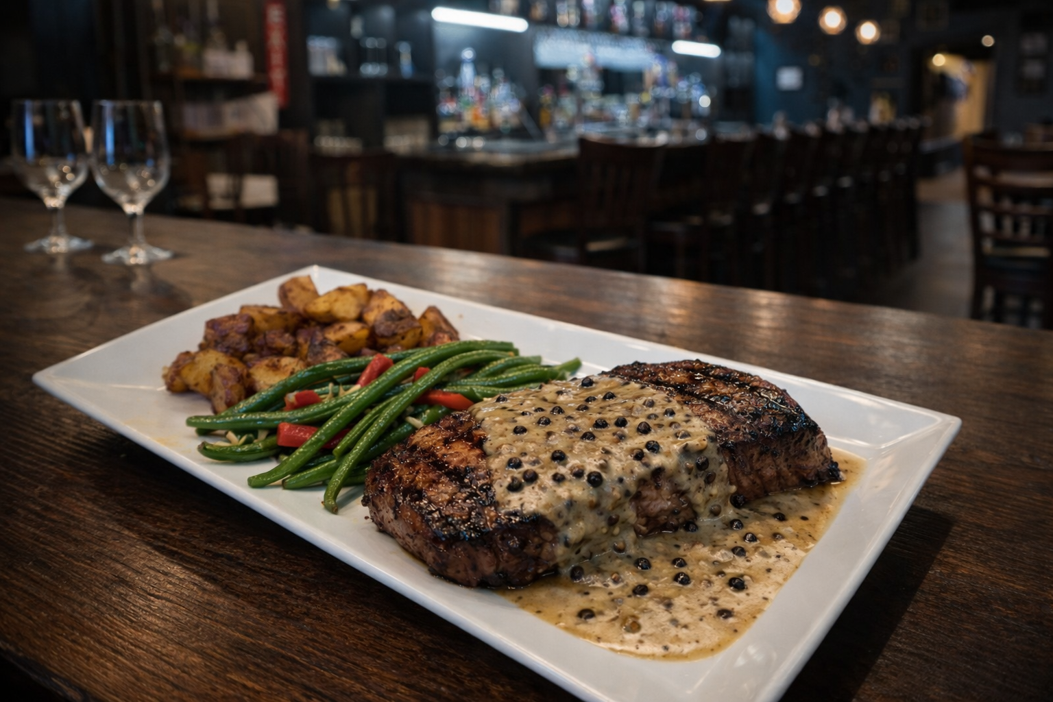 Steak with creamy sauce, green beans, and potatoes on a white plate in a dim restaurant