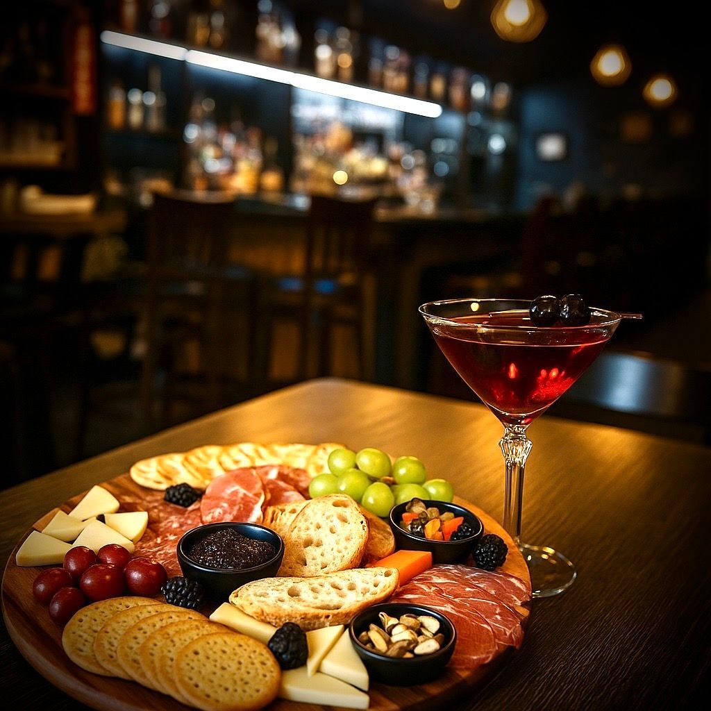 Charcuterie board with cheese, meats, grapes, and crackers beside a red cocktail in a dim bar