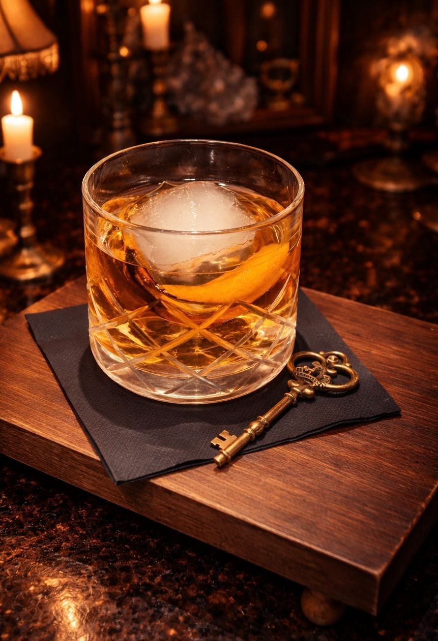 Whiskey glass with ice and orange peel on a dark wooden board, lit by warm candlelight