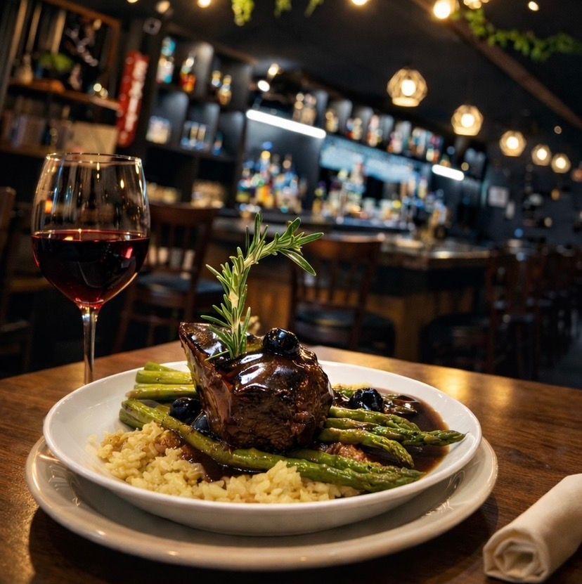 Steak with asparagus and mashed potatoes beside a glass of red wine in a dimly lit restaurant